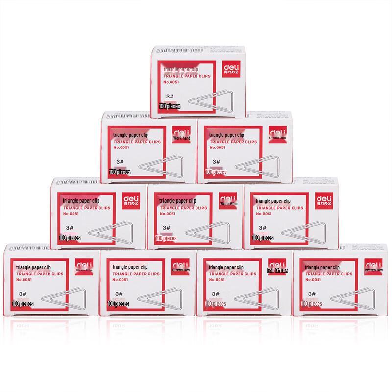 Deli Nickel-Plated Triangular Paper Clips 10-Box Pack