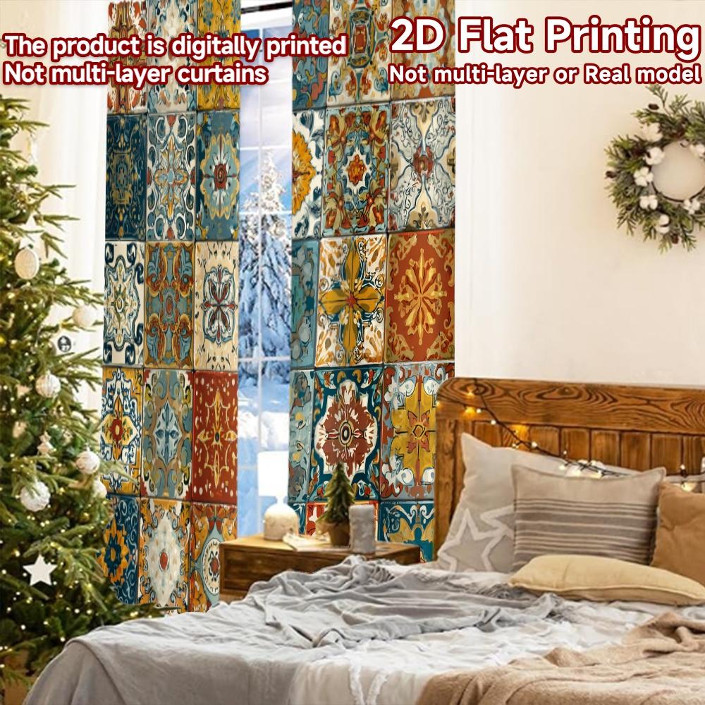 2pcs, 2D FLAT PRINTING Curtains (Without Rod) Mosaic Harmony Minimalist Holiday Curtains Versatile Durable Polyester Curtains