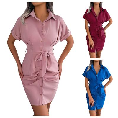 Women's Casual Solid Color Short-sleeved Waist Pleated Shirt Dress
