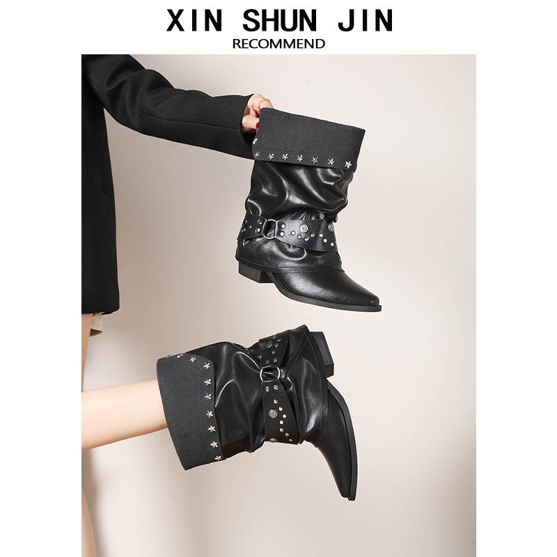 Short Boots Women'S Black Coarse Heel Belt Buckle Autumn Boots Spice Girl Rivet Pointed Knight Boots Pile Boots