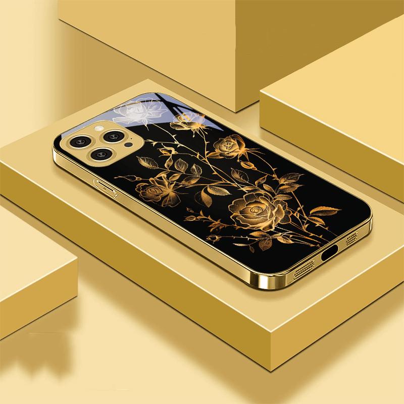Golden Rose Flowers For IPhone 16 Pro Max 15 P Ro 14 M Ax 13 Plus 12 Mini 11 XS Max XR Golden Tempered Glass Phone Case