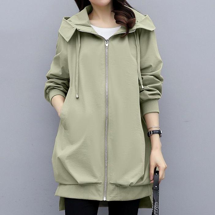 Khaki Loose Casual Hooded Windbreaker for Women Mid Length Black Temperament Jacket Korean Jacket