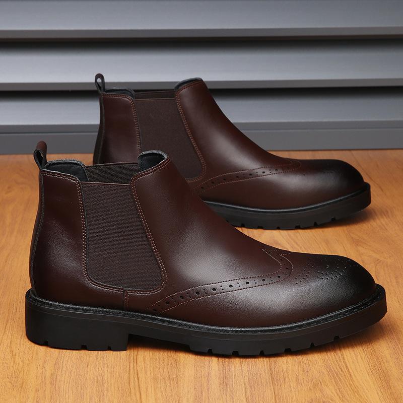 British Chelsea Short Boots Men's Gloves Martin Boots Fleece Versatile Brock Carved Business High Top Leather Boots
