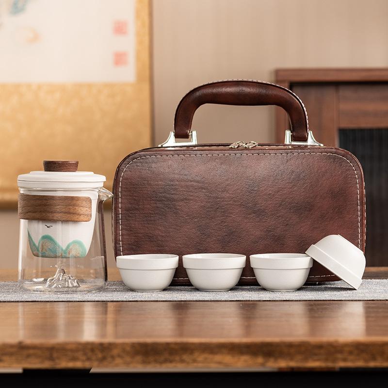 Hand-painted distant mountain travel tea set, high-end outdoor portable Kung Fu tea set, tea cup light luxury gift box set, commemorative gift.