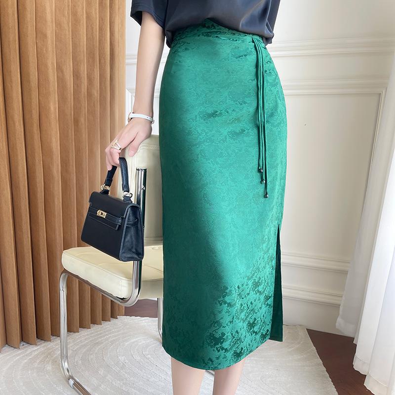 

Новая летняя атласная юбка из уксусной кислоты для женщин, юбка-чеонсам жаккардовая средней длины, юбка-карандаш в китайском стиле, ретро, с накладными карманами на бедрах 2XL