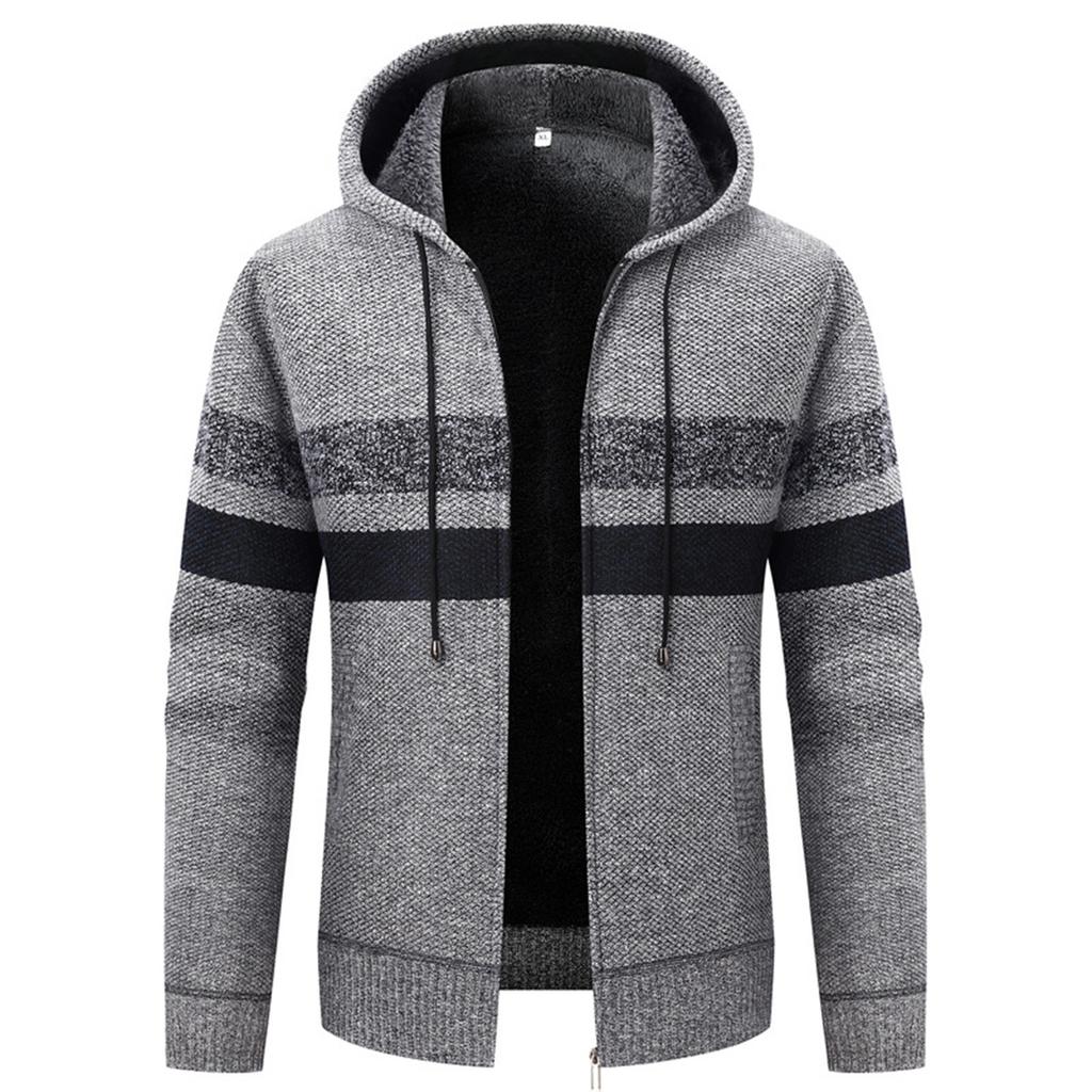 Cardigan Tricotat Cald pentru Bărbați cu Glugă, cu Dungi, de Pluș, Îngroșat, cu Mâneci Lungi