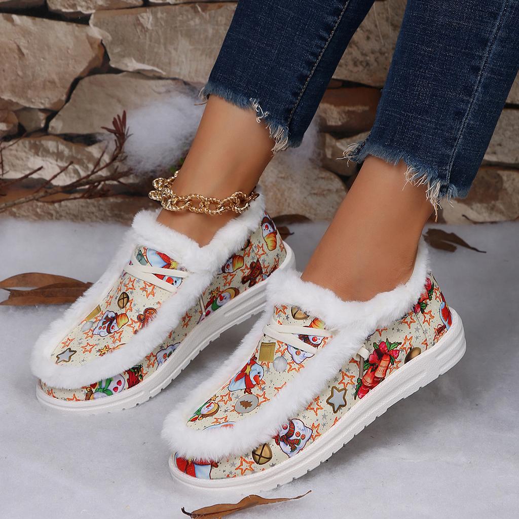 Plus Size Women's Shoes 2025 Autumn/winter New Casual Shoes Women's Christmas Print Fleece Warm Cotton Shoes