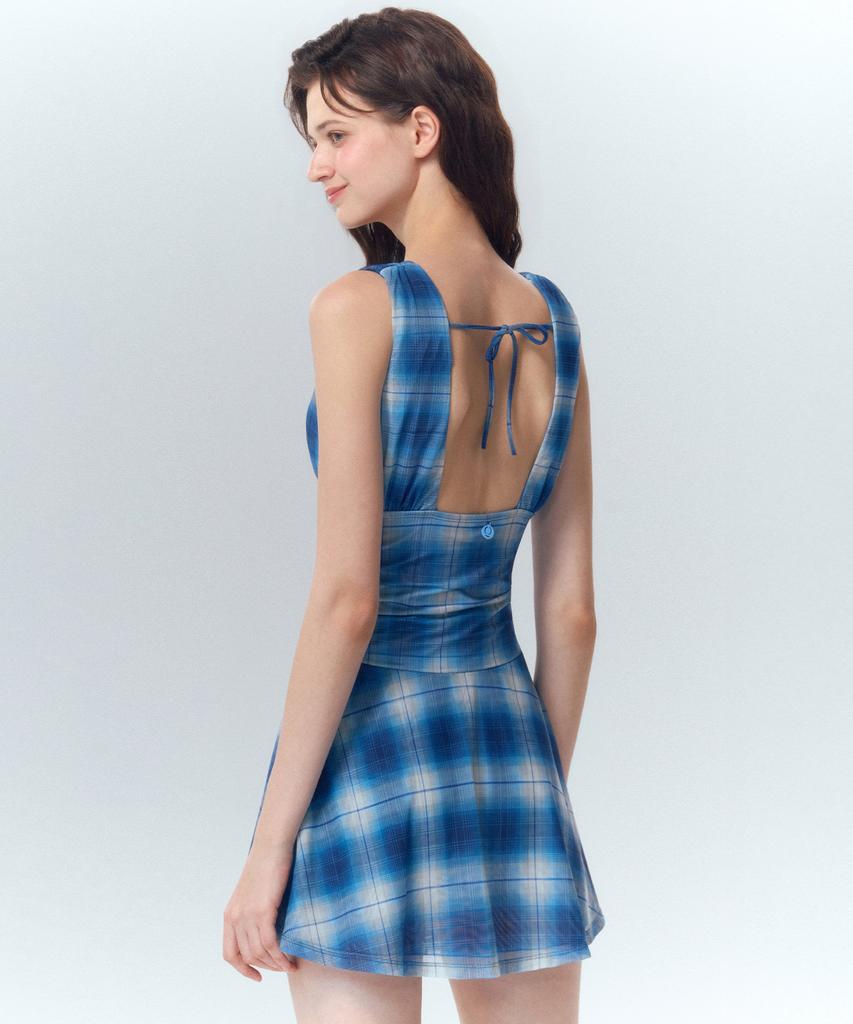 Kolallikeu Vintage Washed Check Shirred Monokini Navy