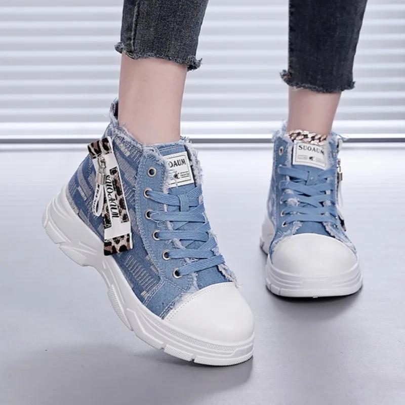 Women Sneakers New Canvas High-top Women Shoes 2025 Breathable Denim Sneakers Women Summer Thick Bottom Heightening Casual Shoes