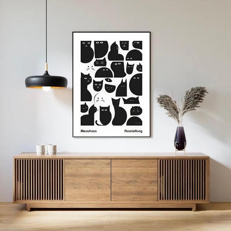 Black and White Cat Bauhaus Pattern Poster Canvas Painting Print Room Home Bar Cafe Decor Room Wall Decor