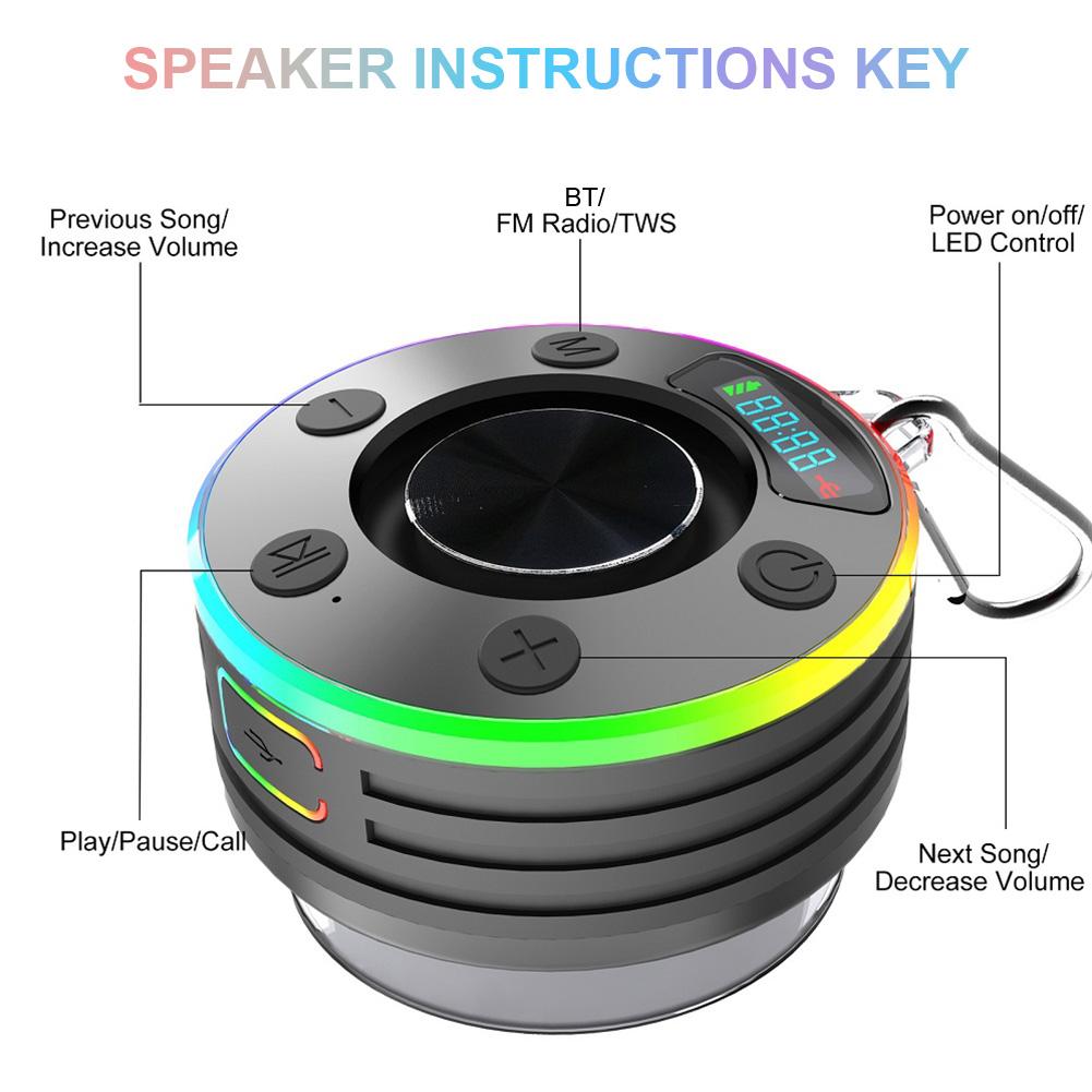 Bluetooth-compatible Mini Stereo Speaker IPX7 Waterproof with LED Light with Suction Cup for Bathroom Party Travel Beach Outdoor
