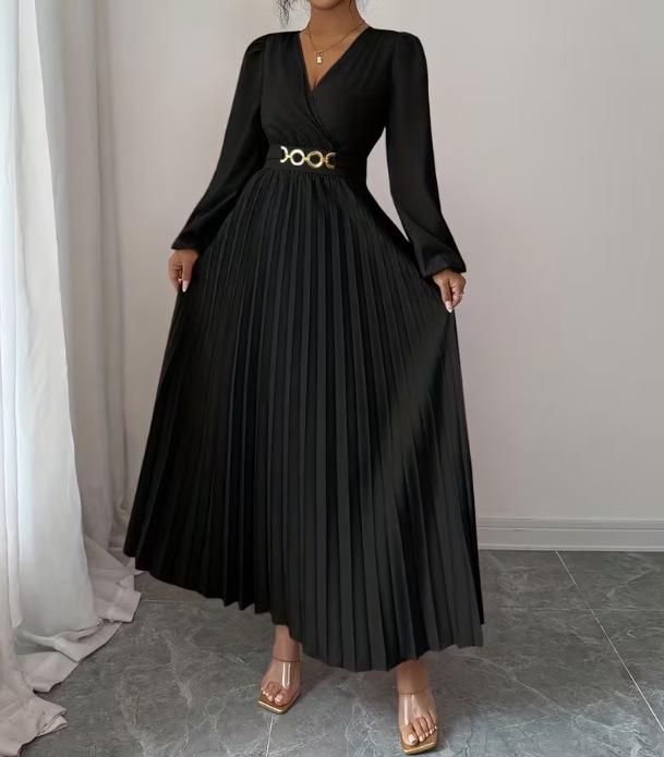 

V-neck Long Sleeve Maxi Dress with Metal Accents - European and American Style Bestseller Extra Large