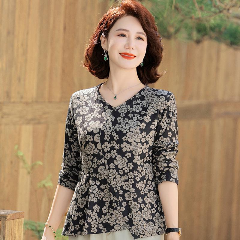 Fashionable Floral V-Neck Blouse for Middle-aged Women - Long-Sleeved Spring Top