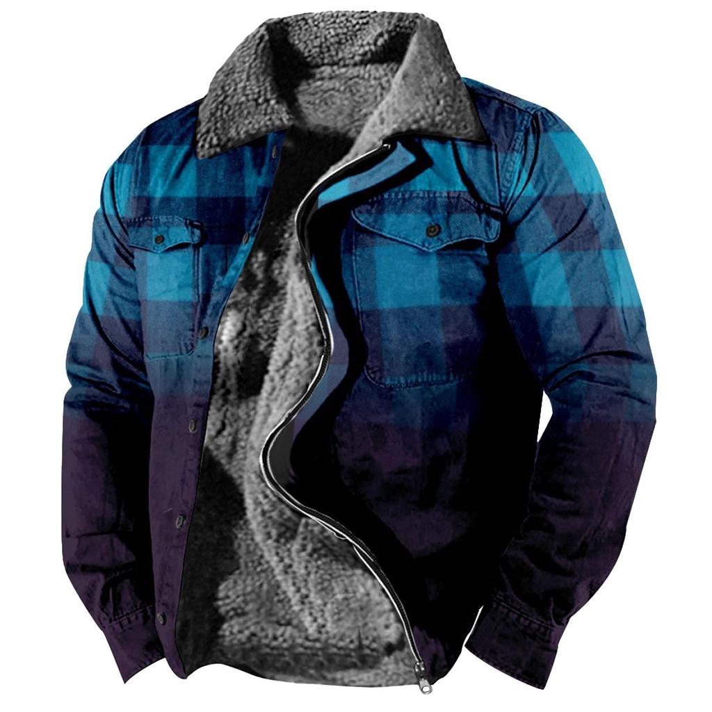 Men's Plaid Print Fleece Thickened Coat Jacket Men's Casual Fashion Warm Coat