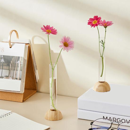 Glass Tube Vase with Wood Base Minimalist Flower Vase Single Stem Flower Vase for Flower Cuttings Home Table Centerpiece Office Desk