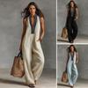 Summer Jumpsuits for Women Stand-collar Sleeveless Loose Overalls with Pockets V-neck Casual Wide Leg Rompers