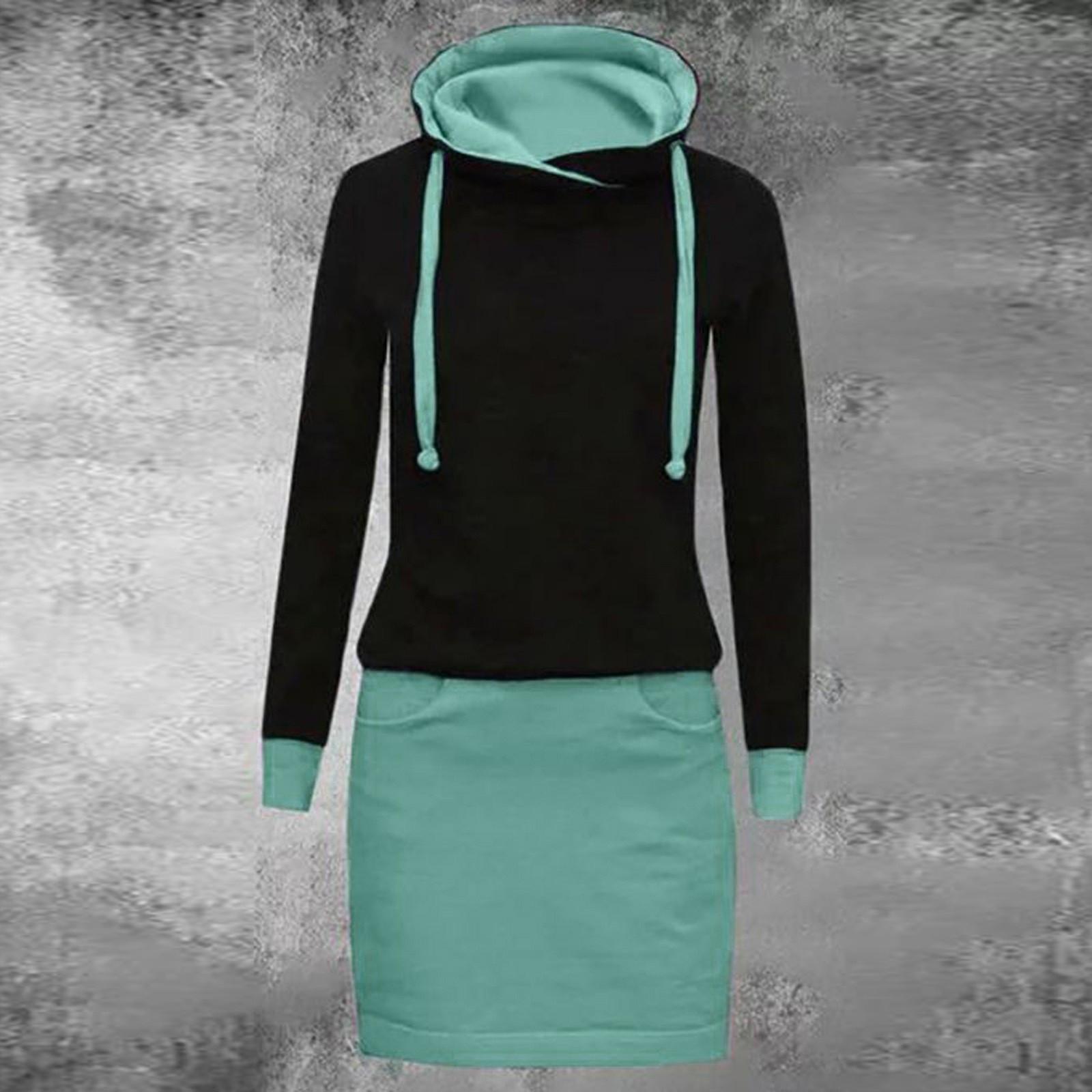 

Женское повседневное платье с длинным рукавом и круглым вырезом выше колена с сплошным блоком, свободные платья XL зелёный