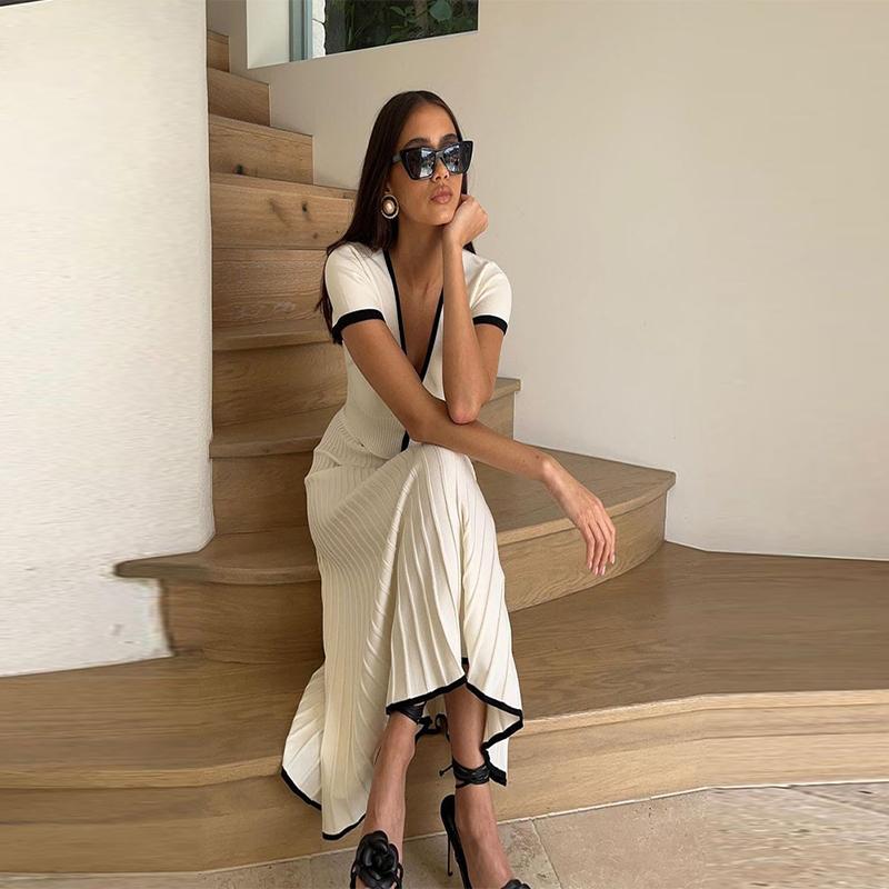 Mode Gestrickte Patchwork Lange Rocksets Damen V-Ausschnitt Kurzarm Tops Hohe Taille Midi Röcke 2-teilige Sets Frühling Sommer Anzüge