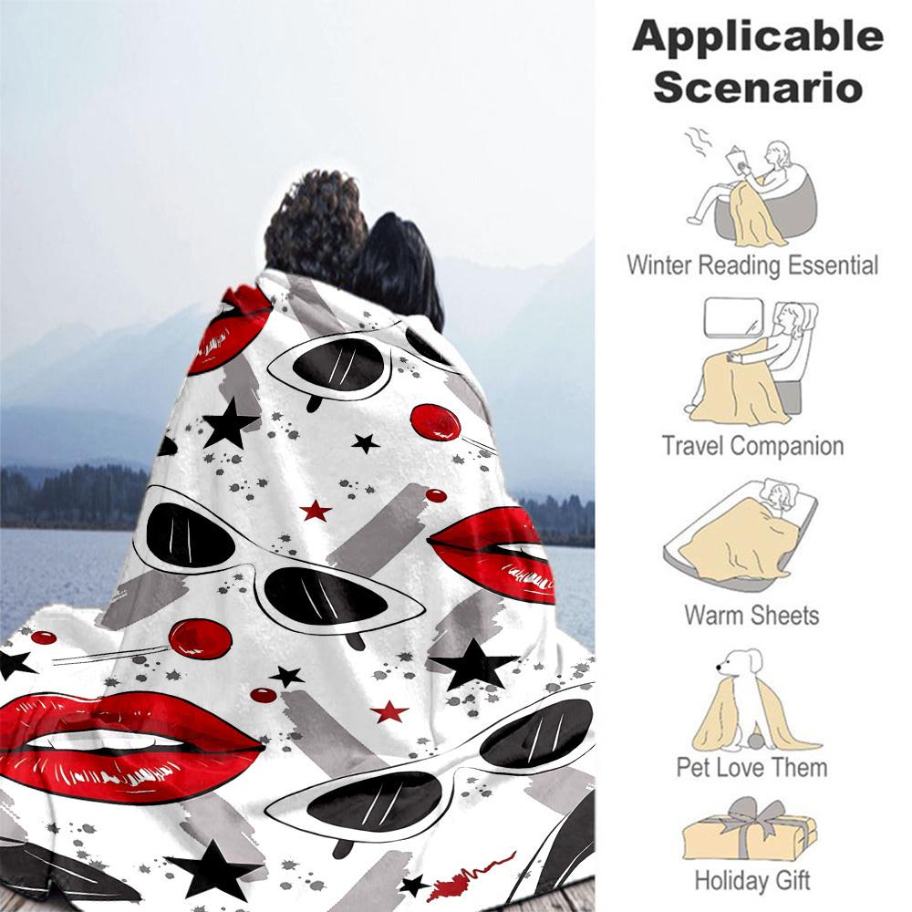 1pc Lips Glasses Outdoor Flannel Blanket Soft Warm All-Season Throw for Sofa Bed Car Camping Office, Cozy Gift Idea1131S