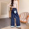 Retro Plaid High-Waisted Wide-Leg Bow Patchwork Jeans for Women