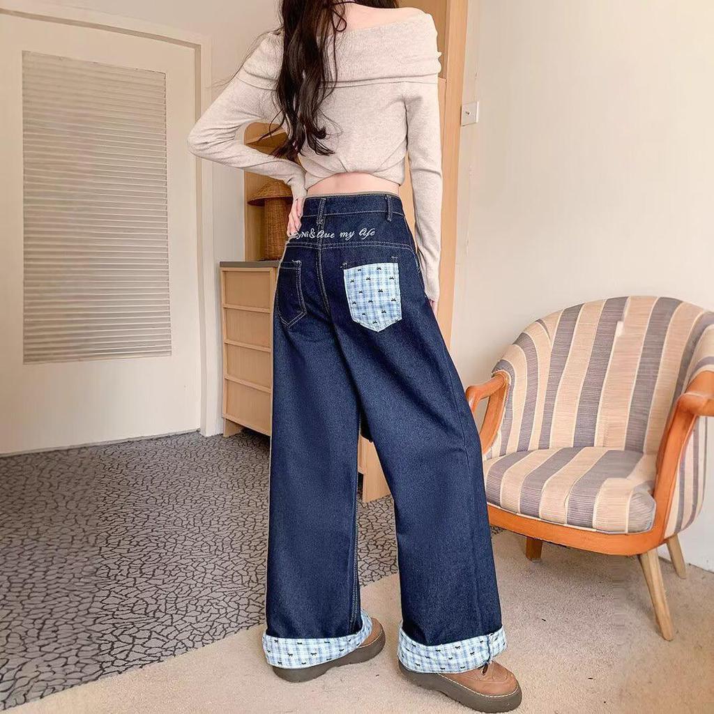 Retro Plaid High-Waisted Wide-Leg Bow Patchwork Jeans for Women
