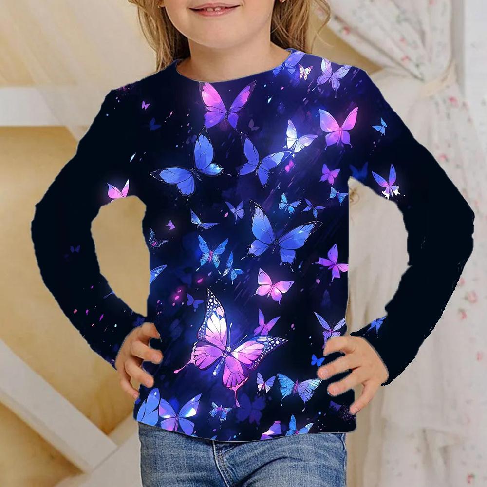 Spring and Autumn Round Neck Butterfly Pattern 3D Printed Top Fashionable Casual Long Sleeved Children's Girl T-shirts