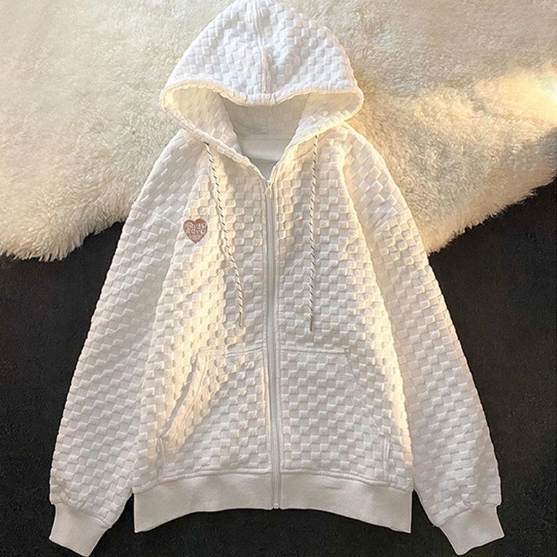 Women's Loose Fit Waffle Jacket - Spring/Autumn, BF Style, Zipper Cardigan Sweater