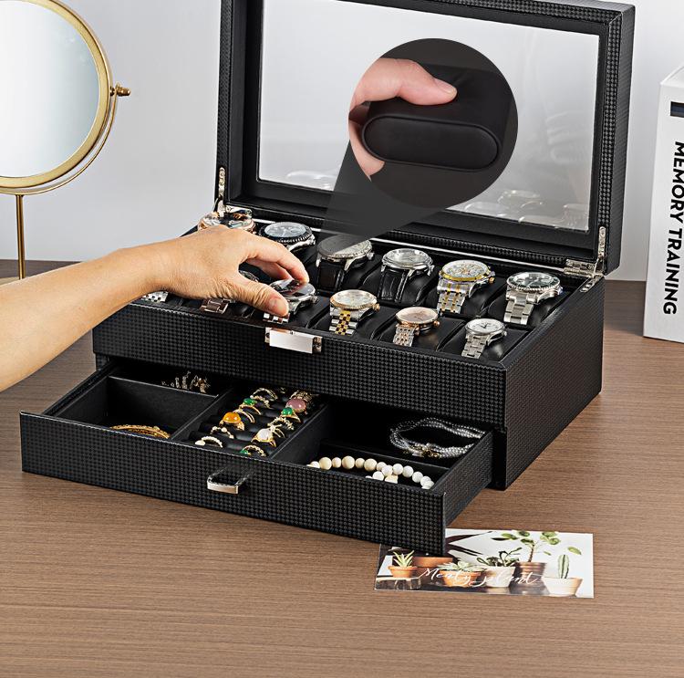 Double Layer Carbon Fiber PU Watch & Jewelry Display Box
