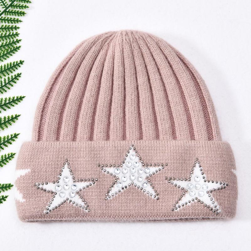 Versatile five-pointed star rabbit plush wool hat with drill outdoor autumn and winter fashion knitted hat warm ear protection windproof