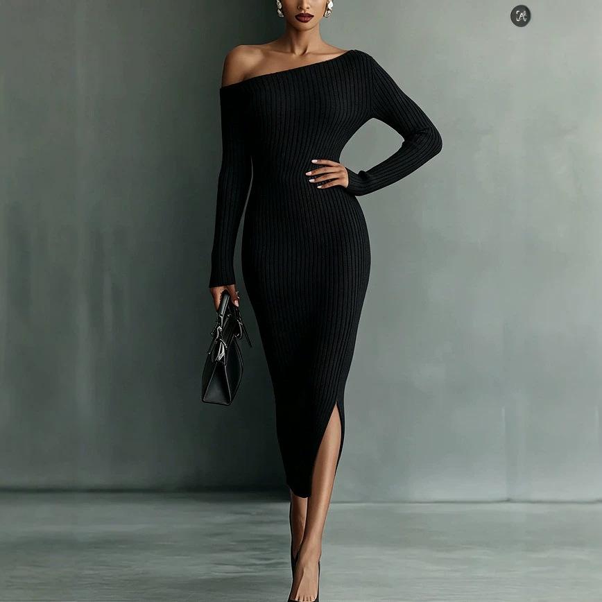 2026 European & American Women's One-shoulder Long Sleeve Slim Wool Dress - Autumn/Winter