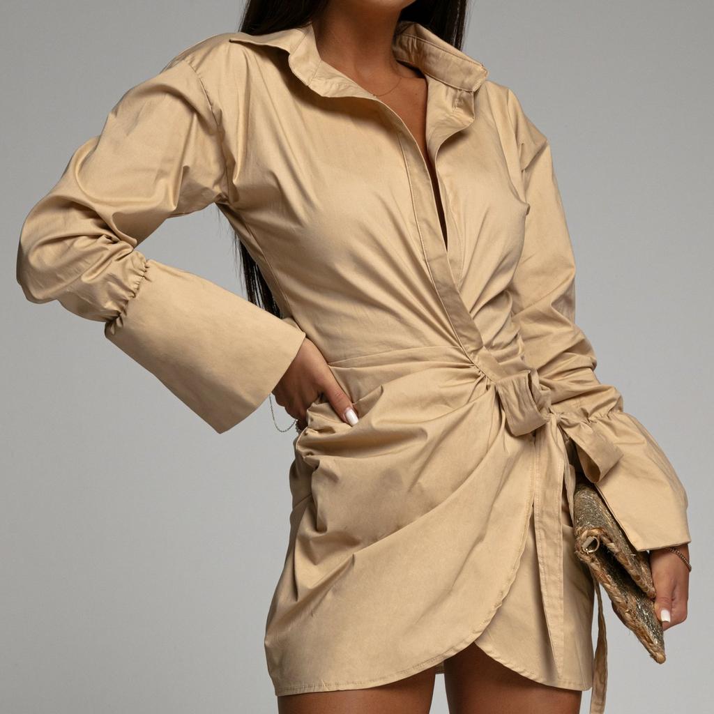 YYFS Dámská móda Jaro Podzim Jednobarevný Potisk Dlouhý Rukáv POLO Límec Neformální Šaty