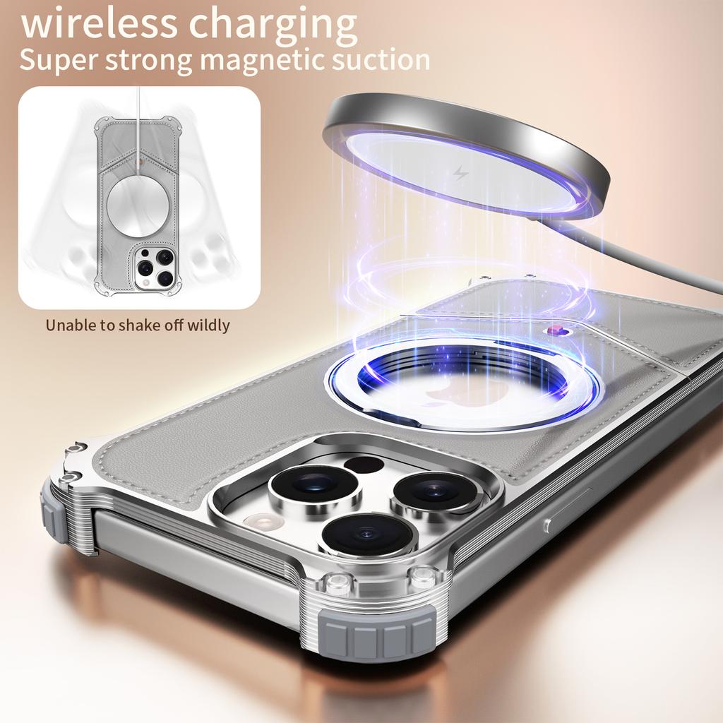 For iPhone 15 Pro Max Case PU Covered Metal Boardless Phone Back Cover with Kickstand