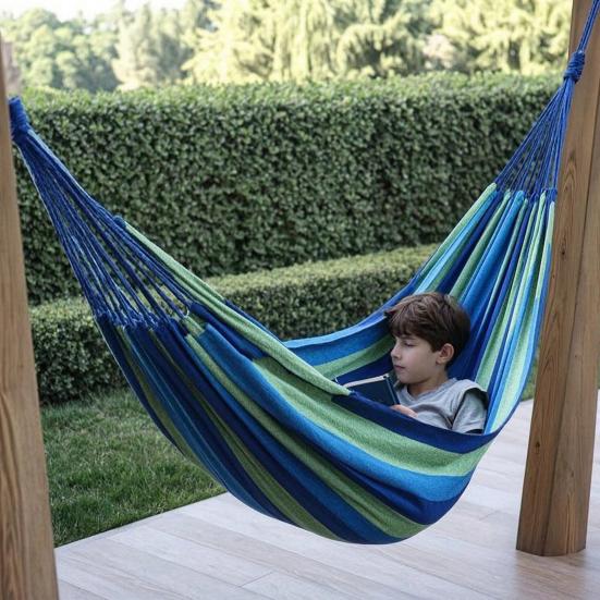 Outdoor Striped Hammock with Rope Bag, Portable Canvas Single Person Hammock, Tree Hanging Hammock for Camping Garden Patio Backyard Porch