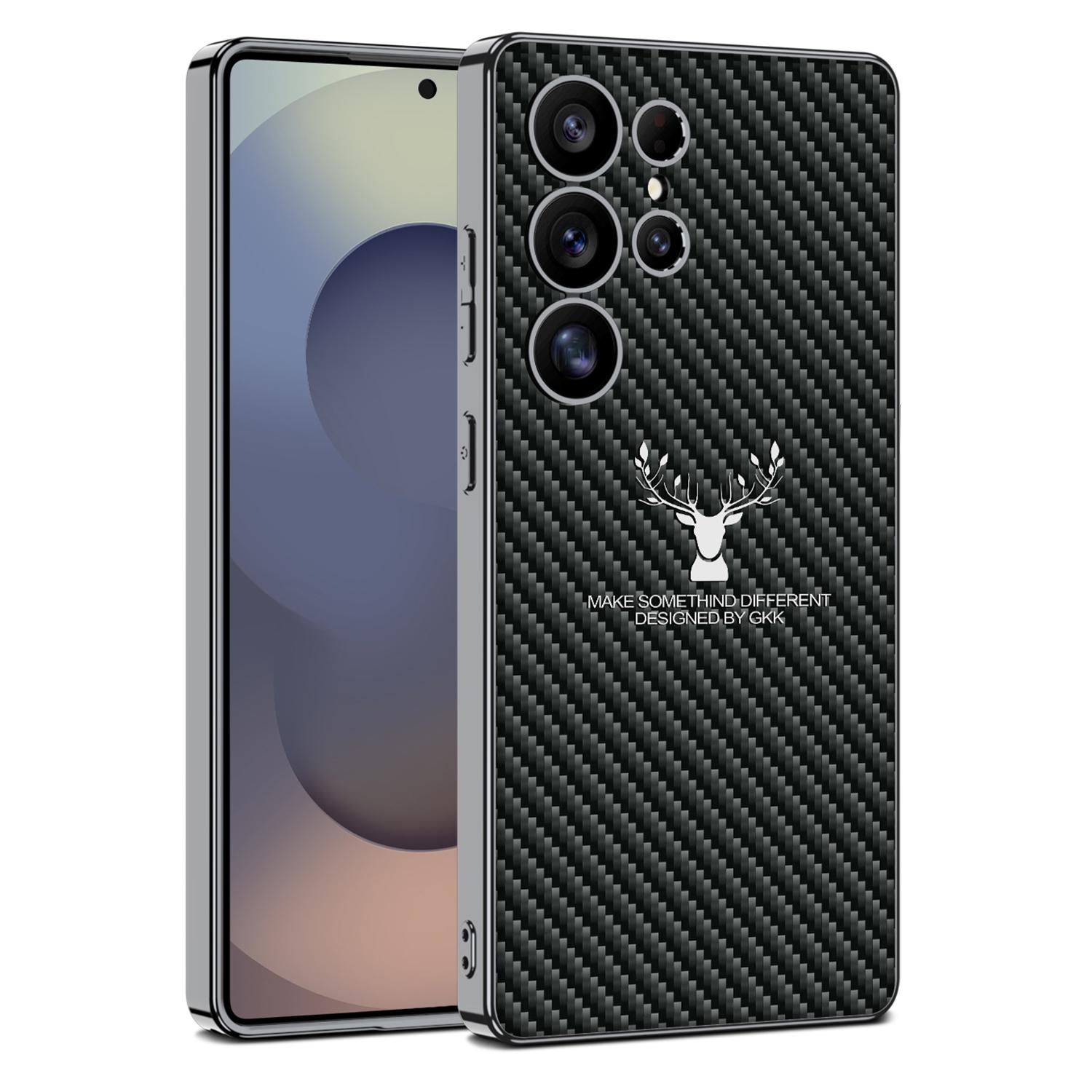 

For Samsung Galaxy S25 Ultra Case Deer Pattern Electroplating TPU+PC+PU Phone Back Cover Carbon Fiber Texture