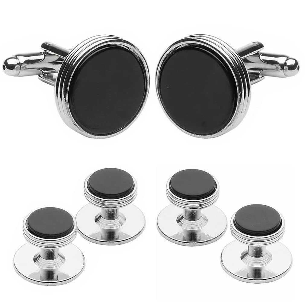 

Silver line onyx cufflinks stud button set n02794
