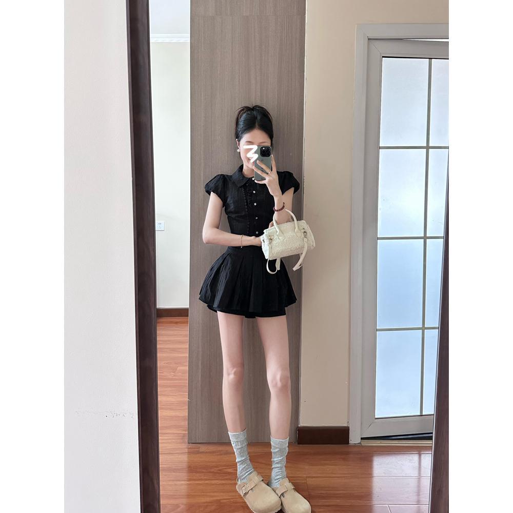 Preppy style white puff sleeve shirt dress women's summer temperament waist casual small woman sweet short skirt