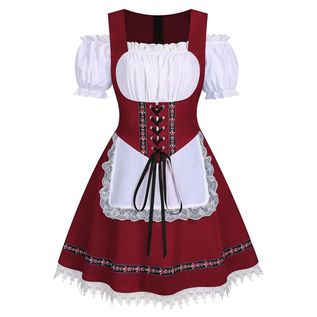 Women Oktoberfest Dirndl Dress Bavarian Beer Maid Costume Off Shoulder Puff Sleeve Lace Apron Dress For Halloween