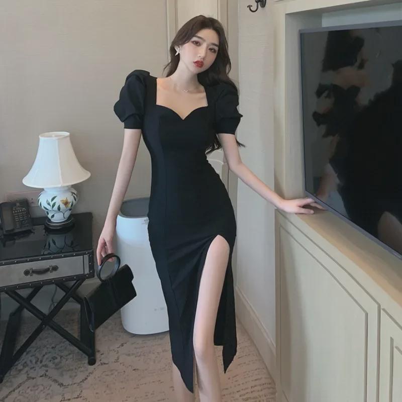 New Summer 2025 Black French Puff Sleeve Slim Fit Dress with Long Slit for Women
