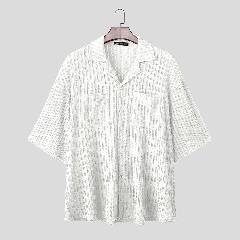 INCERUN Plus Size Men Lapel Neck Short Sleeve Texture Casual Shirts Tops