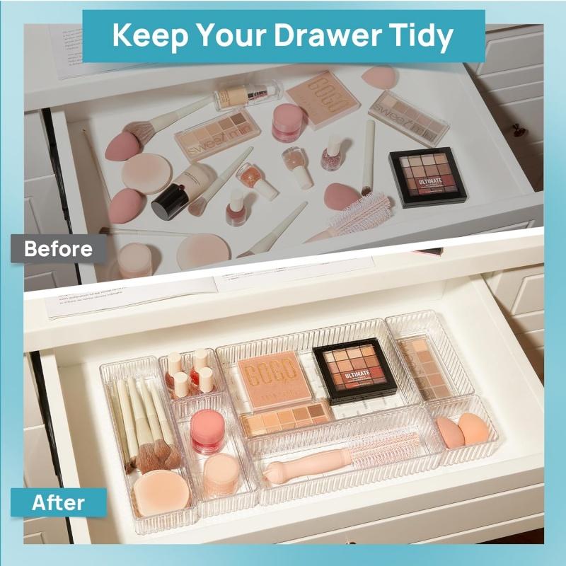 Organizéry do zásuvek na domácí psací stůl, sada plastových úložných prostor do koupelny, organizér na make-up, průhledné úložné krabice, přihrádky na kuchyňské potřeby