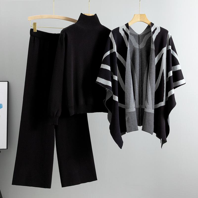 Dámská podzimní/zimní ležérní třídílná sada: Pletený svetr šál, pelerína a kalhoty se širokými nohavicemi