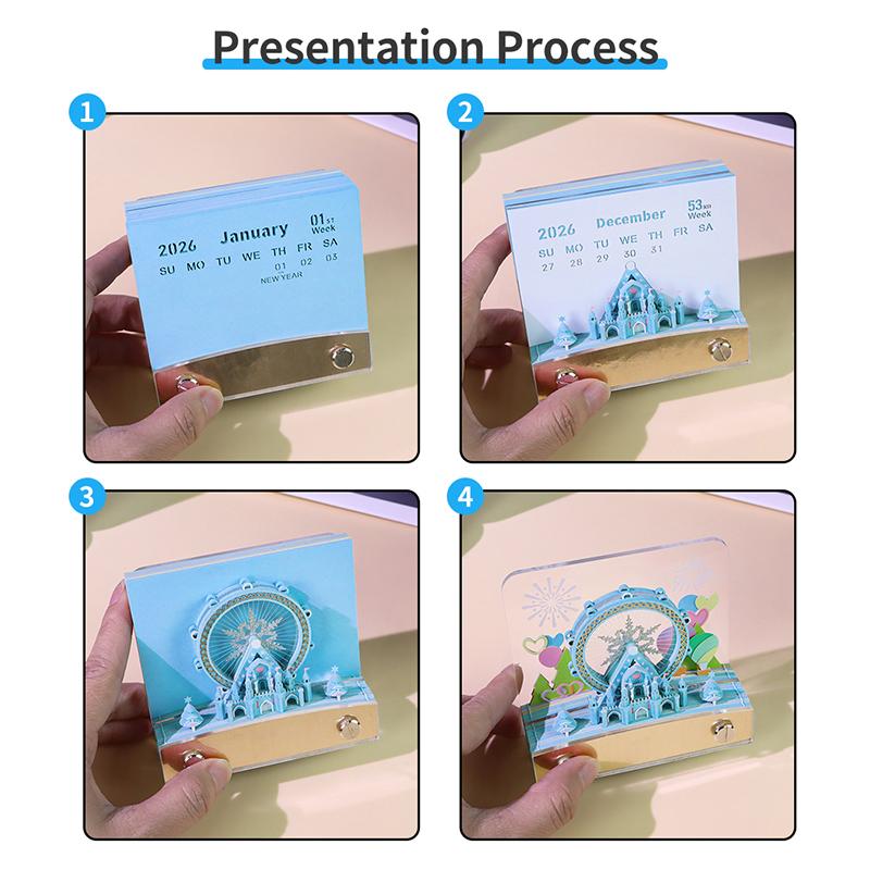Time Piece Calendar 2026 Desk Calendar With Led Light 3D Tear-Away Calendar Paper Carving Art Memo Pad Notepad Gift Christmas
