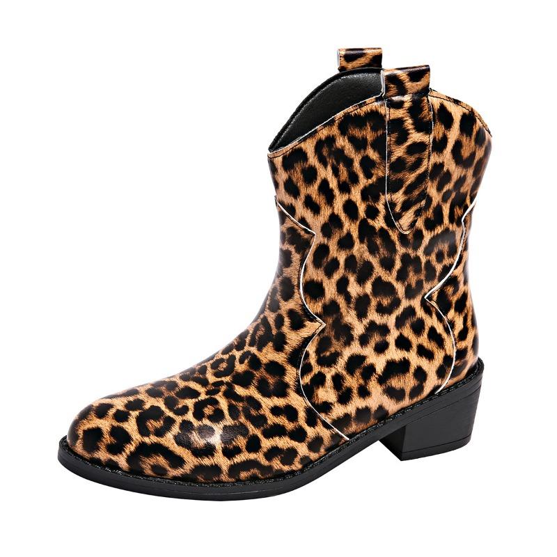 Fashion Coarse Heel Pointed Short Boots Children's Leopard Print Medium Heel One Pedal Sleeve Martin Boots Large Size 43