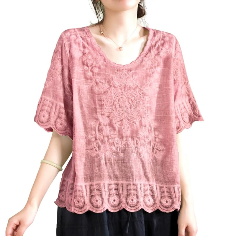 

[Bidason] blouse ladies shirt short sleeve embroidery cotton breathable Thin Cooling measures UV cut Relaxing body shape cover adult Feeling of
