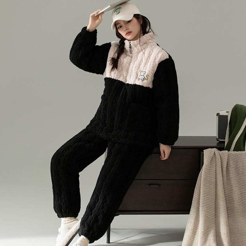 Coral Velvet Quilted Pajamas Women's Winter Three Layer Thick and Fleece Home Wear Women's Winter Flannel Thermal Set