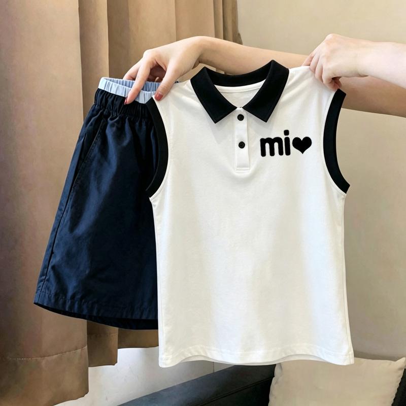 Girls' Trendy Patchwork Polo Vest Set - Sleeveless Top for Medium & Large Kids, New Summer Arrival