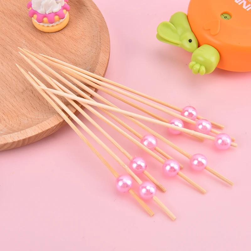 100Pcs Pearl Cocktail Picks Wooden Toothpick Skewer Snack Fork Fruit Picks