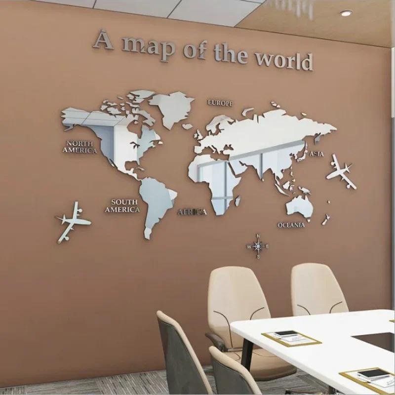 Fashion World Map Home Background Wall Stickers 3D Acrylic Three-dimensional Mirror Stickers Bedroom Office Wall Decor Stickers