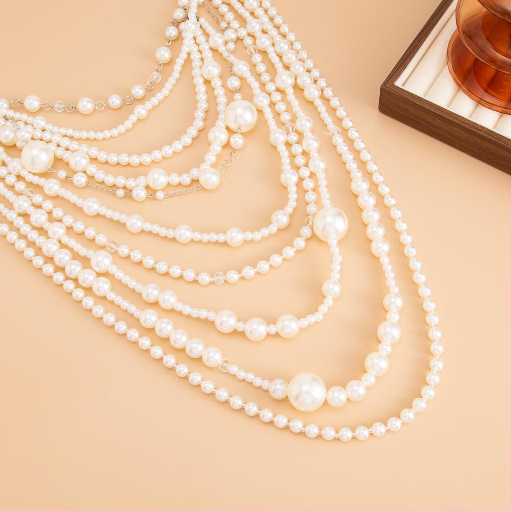 Exaggerated Heavy Industry Stacks Imitation Pearl Necklaces, Fashionable Multi-Layer Long Handmade Beaded Chain Necklaces