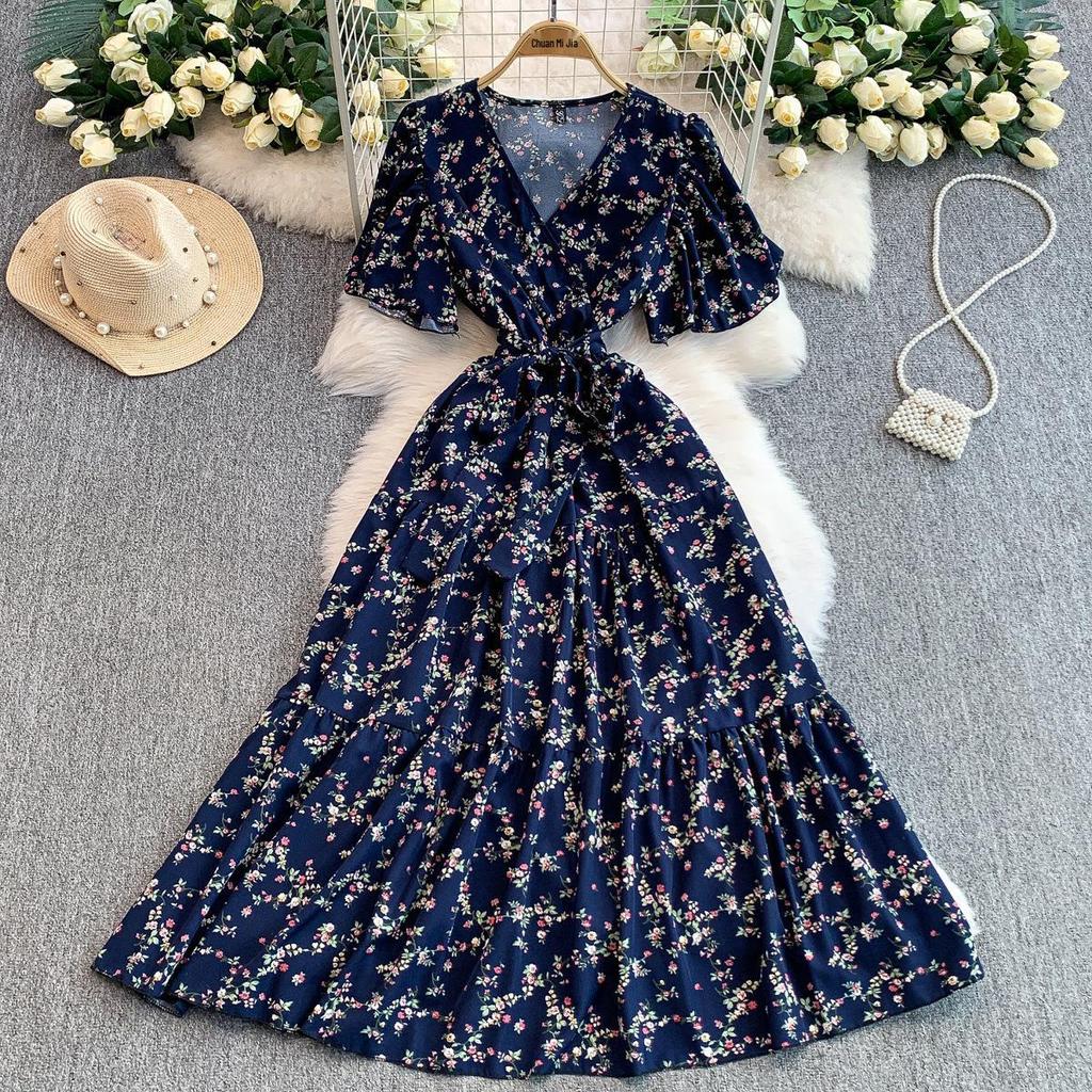 French Sexy Floral V-Neck Short Sleeve Lace-Up Waist Slim Pleated Long Dress